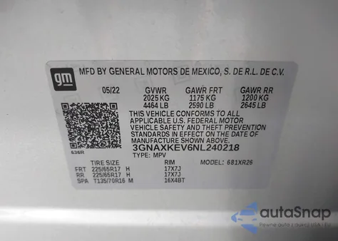 2022 Chevrolet Equinox Fwd Lt z USA, uszkodzony, nr VIN 3GNAXKEV6NL240218